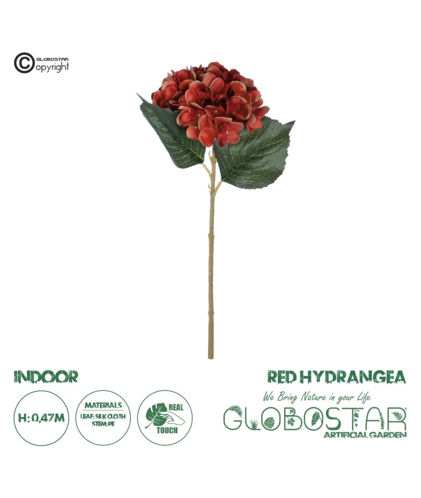 GloboStar® Artificial Garden RED HYDRANGEA BRANCH 21174 Τεχνητό Διακοσμητικό Κλαδί Ορτανσίας Κόκκινο  Y47cm